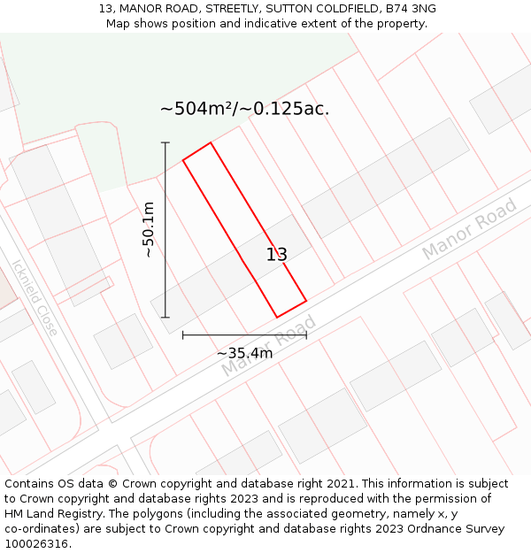13, MANOR ROAD, STREETLY, SUTTON COLDFIELD, B74 3NG: Plot and title map
