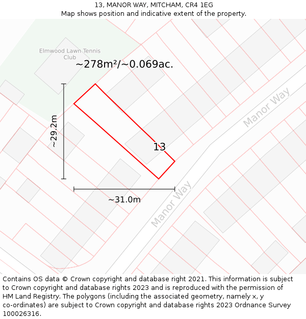 13, MANOR WAY, MITCHAM, CR4 1EG: Plot and title map