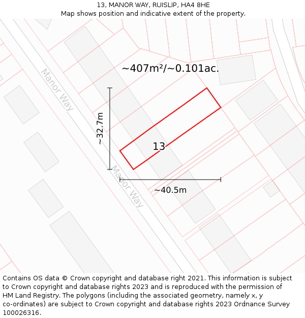 13, MANOR WAY, RUISLIP, HA4 8HE: Plot and title map