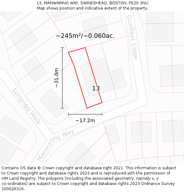 13, MANWARING WAY, SWINESHEAD, BOSTON, PE20 3NU: Plot and title map