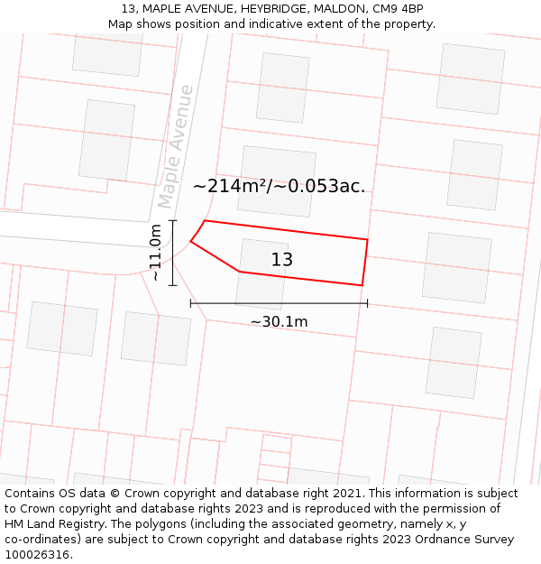 13, MAPLE AVENUE, HEYBRIDGE, MALDON, CM9 4BP: Plot and title map