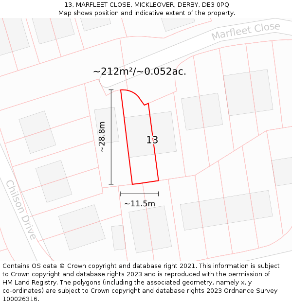 13, MARFLEET CLOSE, MICKLEOVER, DERBY, DE3 0PQ: Plot and title map