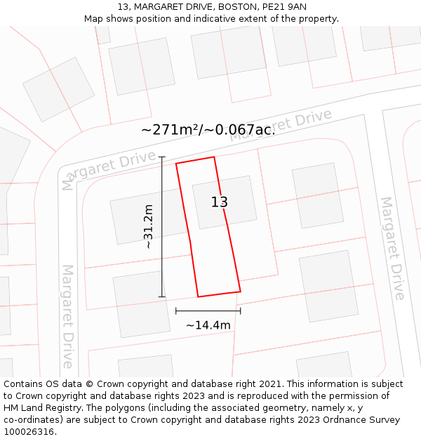 13, MARGARET DRIVE, BOSTON, PE21 9AN: Plot and title map