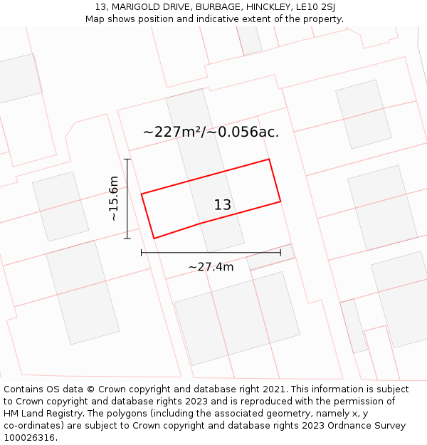 13, MARIGOLD DRIVE, BURBAGE, HINCKLEY, LE10 2SJ: Plot and title map