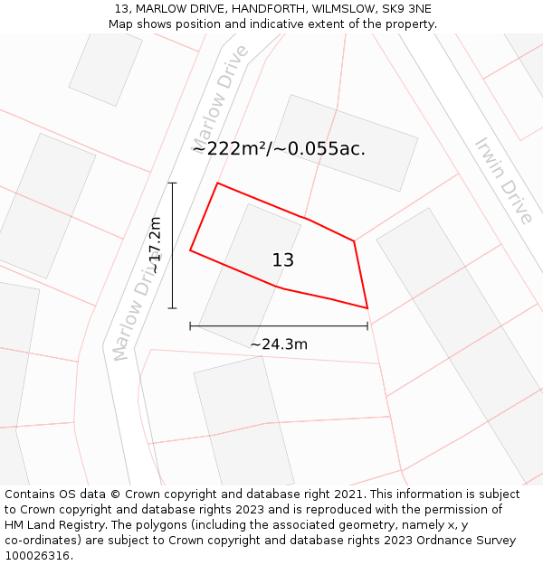 13, MARLOW DRIVE, HANDFORTH, WILMSLOW, SK9 3NE: Plot and title map