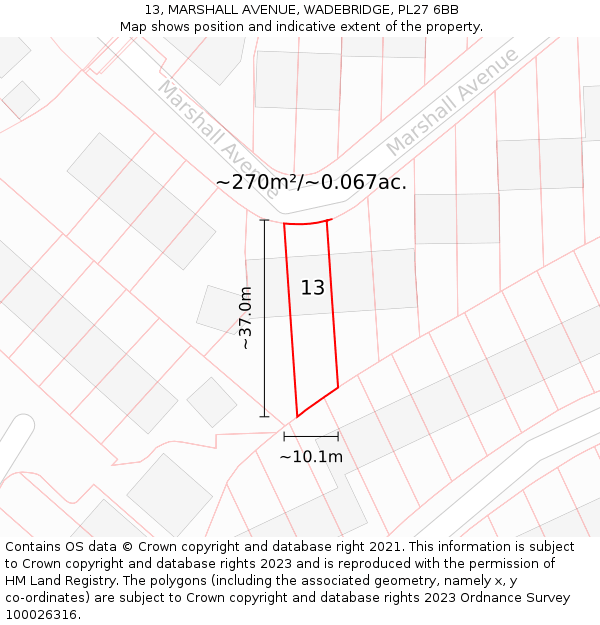 13, MARSHALL AVENUE, WADEBRIDGE, PL27 6BB: Plot and title map