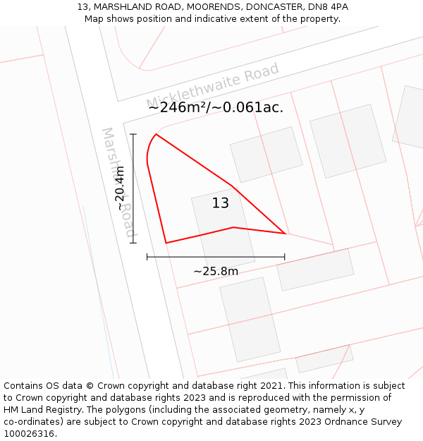 13, MARSHLAND ROAD, MOORENDS, DONCASTER, DN8 4PA: Plot and title map