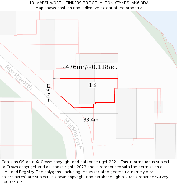 13, MARSHWORTH, TINKERS BRIDGE, MILTON KEYNES, MK6 3DA: Plot and title map
