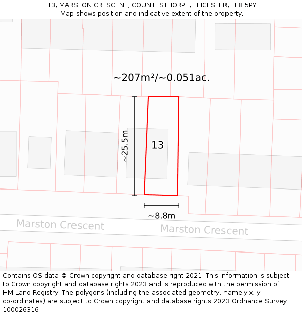 13, MARSTON CRESCENT, COUNTESTHORPE, LEICESTER, LE8 5PY: Plot and title map