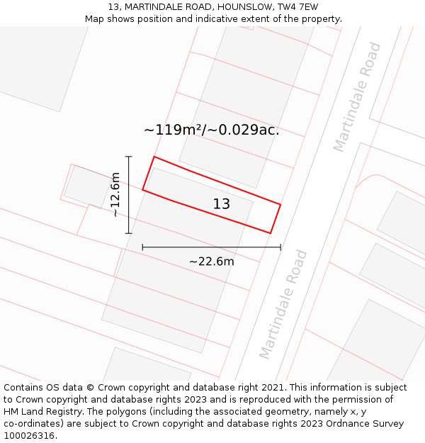 13, MARTINDALE ROAD, HOUNSLOW, TW4 7EW: Plot and title map