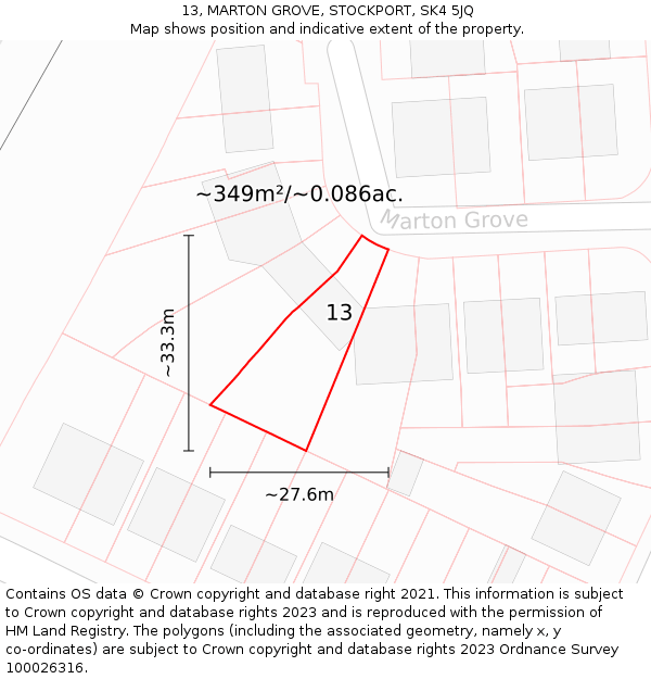 13, MARTON GROVE, STOCKPORT, SK4 5JQ: Plot and title map