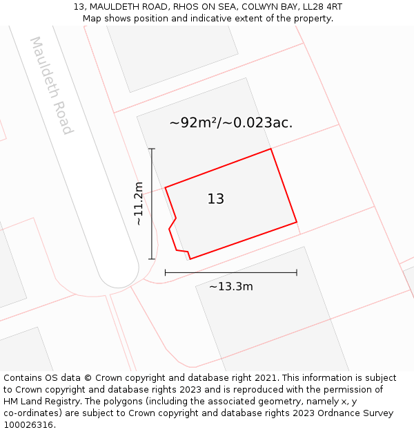 13, MAULDETH ROAD, RHOS ON SEA, COLWYN BAY, LL28 4RT: Plot and title map