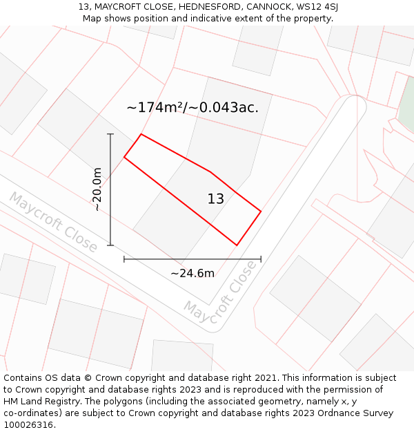 13, MAYCROFT CLOSE, HEDNESFORD, CANNOCK, WS12 4SJ: Plot and title map