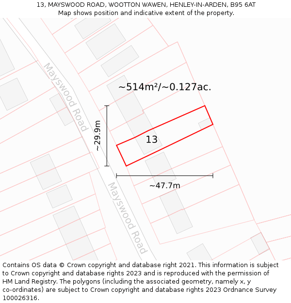 13, MAYSWOOD ROAD, WOOTTON WAWEN, HENLEY-IN-ARDEN, B95 6AT: Plot and title map