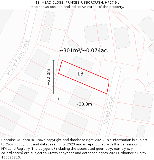 13, MEAD CLOSE, PRINCES RISBOROUGH, HP27 9JL: Plot and title map