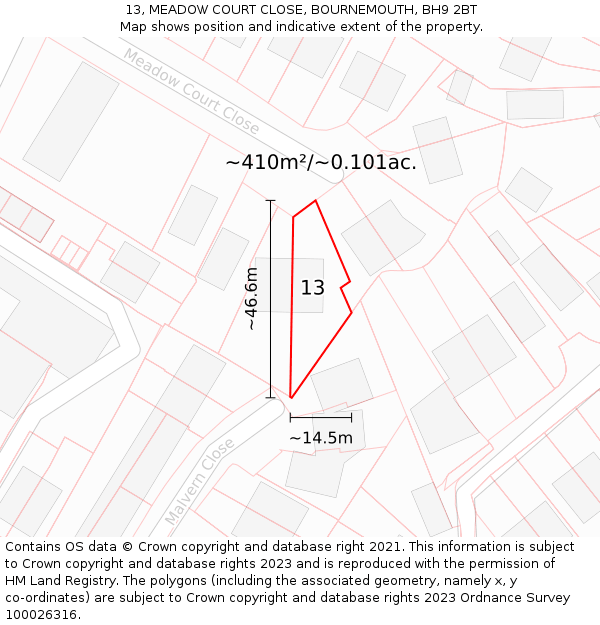 13, MEADOW COURT CLOSE, BOURNEMOUTH, BH9 2BT: Plot and title map