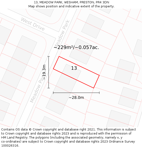 13, MEADOW PARK, WESHAM, PRESTON, PR4 3DN: Plot and title map