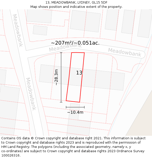 13, MEADOWBANK, LYDNEY, GL15 5DF: Plot and title map