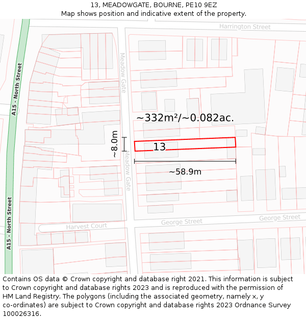 13, MEADOWGATE, BOURNE, PE10 9EZ: Plot and title map
