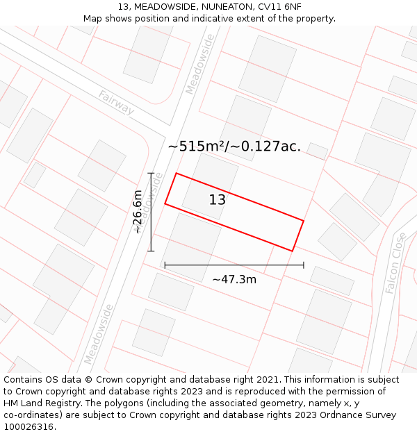 13, MEADOWSIDE, NUNEATON, CV11 6NF: Plot and title map
