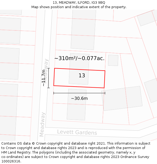 13, MEADWAY, ILFORD, IG3 9BQ: Plot and title map