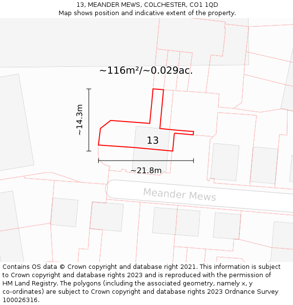 13, MEANDER MEWS, COLCHESTER, CO1 1QD: Plot and title map