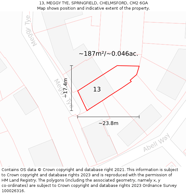 13, MEGGY TYE, SPRINGFIELD, CHELMSFORD, CM2 6GA: Plot and title map