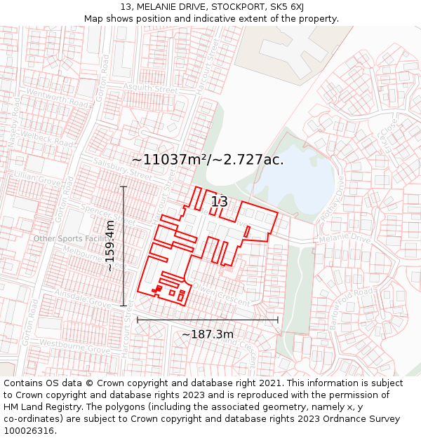13, MELANIE DRIVE, STOCKPORT, SK5 6XJ: Plot and title map