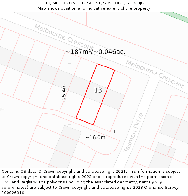 13, MELBOURNE CRESCENT, STAFFORD, ST16 3JU: Plot and title map