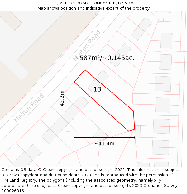 13, MELTON ROAD, DONCASTER, DN5 7AH: Plot and title map