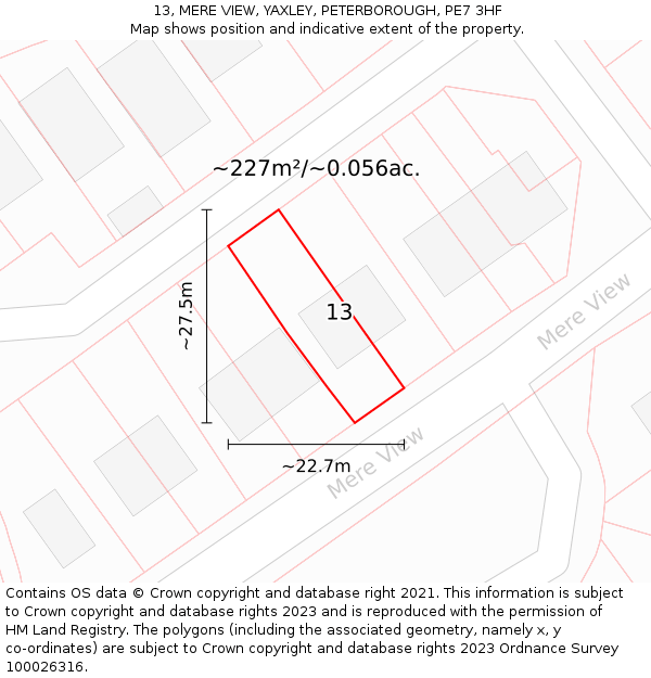 13, MERE VIEW, YAXLEY, PETERBOROUGH, PE7 3HF: Plot and title map
