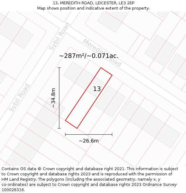 13, MEREDITH ROAD, LEICESTER, LE3 2EP: Plot and title map