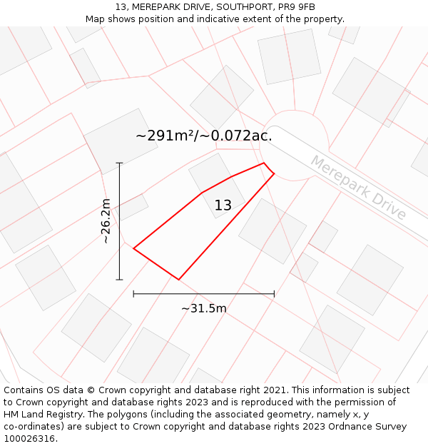 13, MEREPARK DRIVE, SOUTHPORT, PR9 9FB: Plot and title map