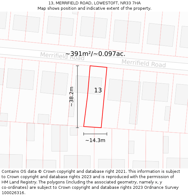 13, MERRIFIELD ROAD, LOWESTOFT, NR33 7HA: Plot and title map