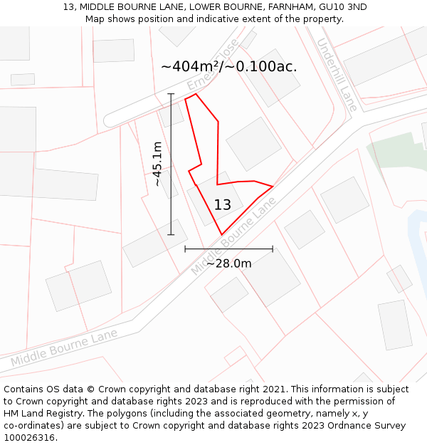 13, MIDDLE BOURNE LANE, LOWER BOURNE, FARNHAM, GU10 3ND: Plot and title map