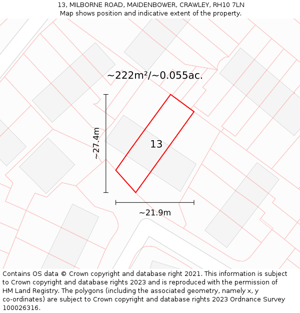 13, MILBORNE ROAD, MAIDENBOWER, CRAWLEY, RH10 7LN: Plot and title map
