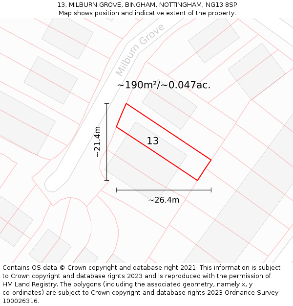 13, MILBURN GROVE, BINGHAM, NOTTINGHAM, NG13 8SP: Plot and title map