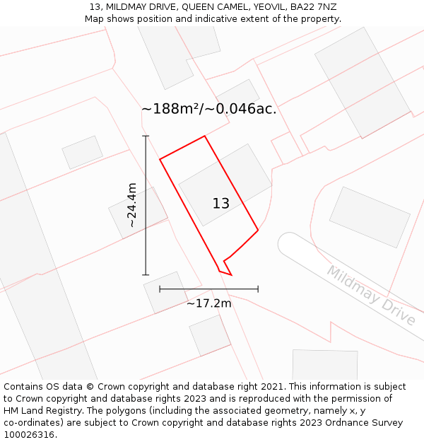13, MILDMAY DRIVE, QUEEN CAMEL, YEOVIL, BA22 7NZ: Plot and title map