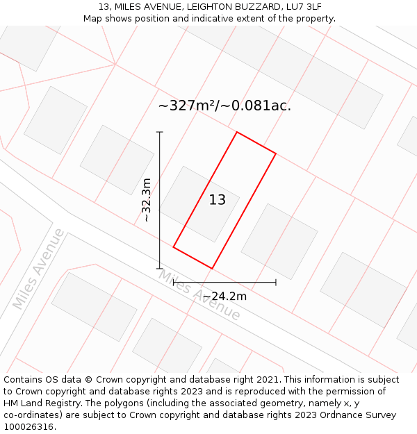 13, MILES AVENUE, LEIGHTON BUZZARD, LU7 3LF: Plot and title map