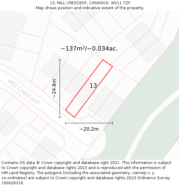 13, MILL CRESCENT, CANNOCK, WS11 7ZF: Plot and title map