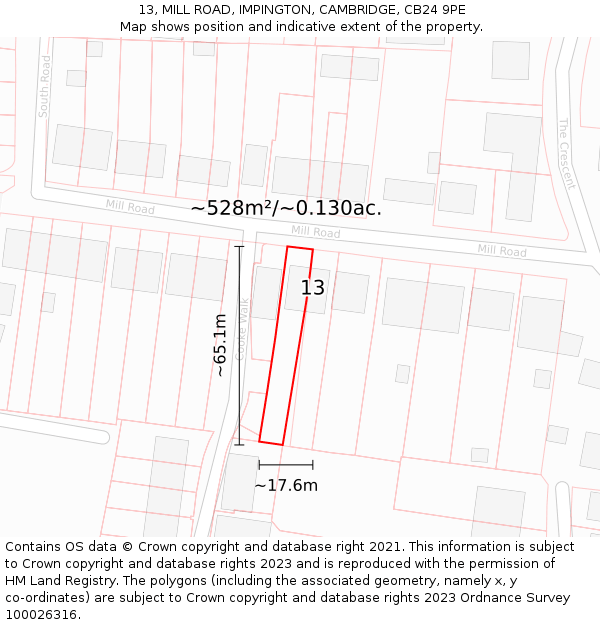13, MILL ROAD, IMPINGTON, CAMBRIDGE, CB24 9PE: Plot and title map
