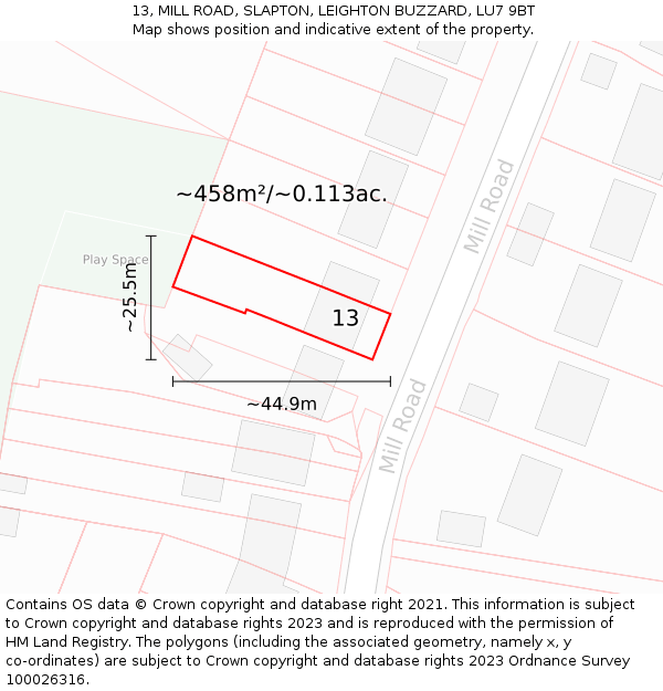 13, MILL ROAD, SLAPTON, LEIGHTON BUZZARD, LU7 9BT: Plot and title map