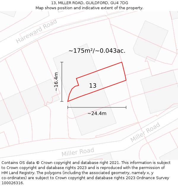 13, MILLER ROAD, GUILDFORD, GU4 7DG: Plot and title map