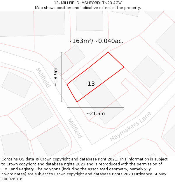 13, MILLFIELD, ASHFORD, TN23 4GW: Plot and title map