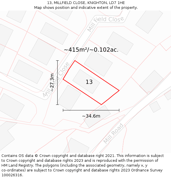 13, MILLFIELD CLOSE, KNIGHTON, LD7 1HE: Plot and title map