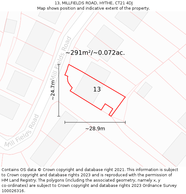13, MILLFIELDS ROAD, HYTHE, CT21 4DJ: Plot and title map