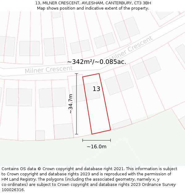 13, MILNER CRESCENT, AYLESHAM, CANTERBURY, CT3 3BH: Plot and title map