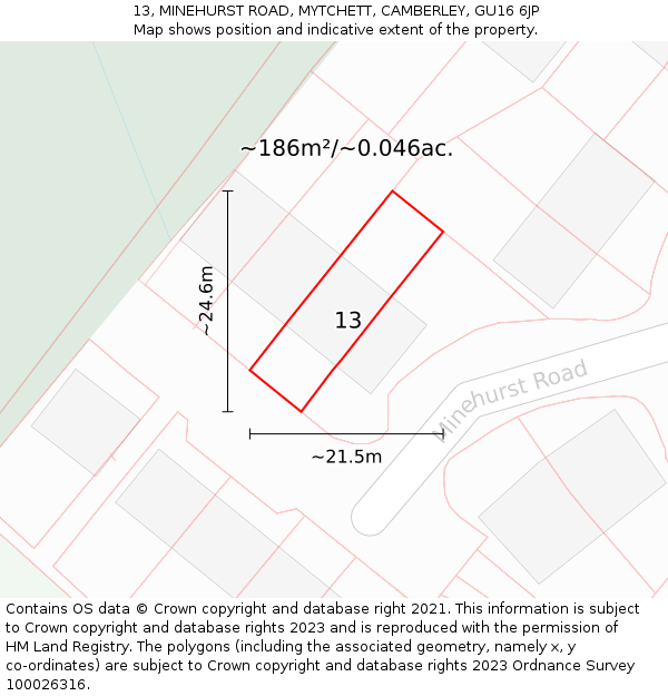 13, MINEHURST ROAD, MYTCHETT, CAMBERLEY, GU16 6JP: Plot and title map