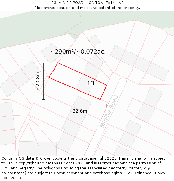 13, MINIFIE ROAD, HONITON, EX14 1NF: Plot and title map