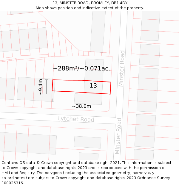 13, MINSTER ROAD, BROMLEY, BR1 4DY: Plot and title map